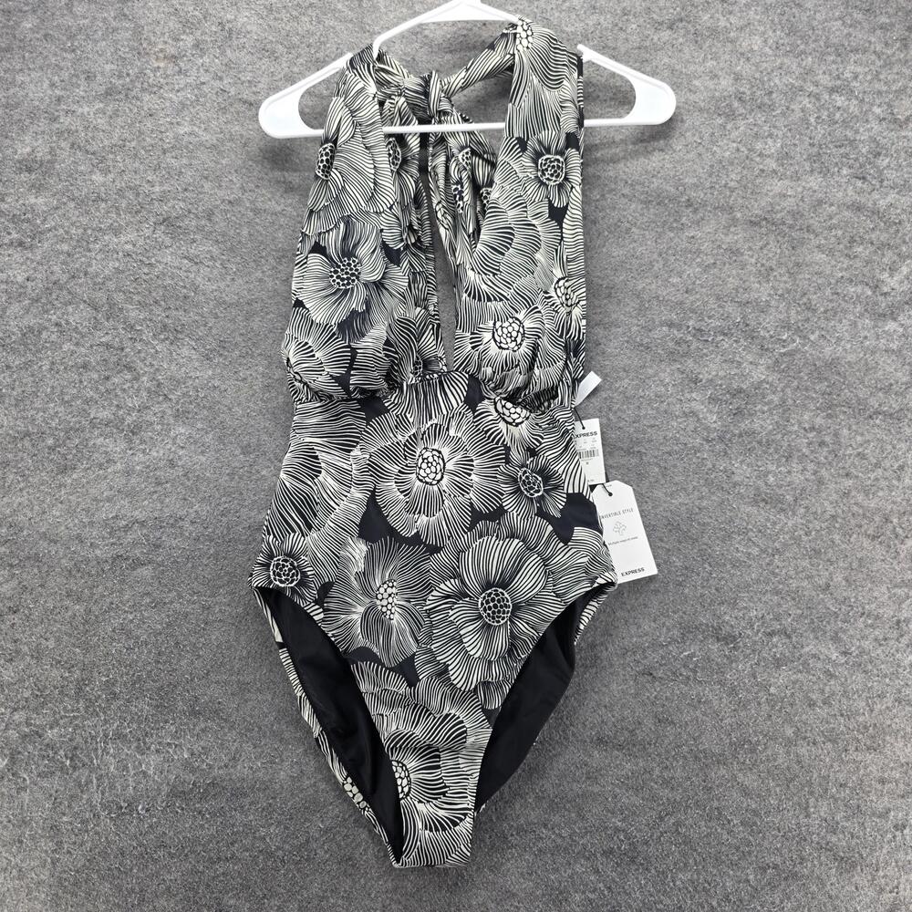 Express One Piece Womens M Black Floral Lined Built-In Bra Halter Convertible